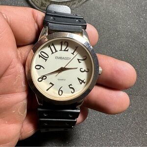 Embassy Mens Quartz Watch Gold Tone Black Strap White Dial (EM3365L) Working